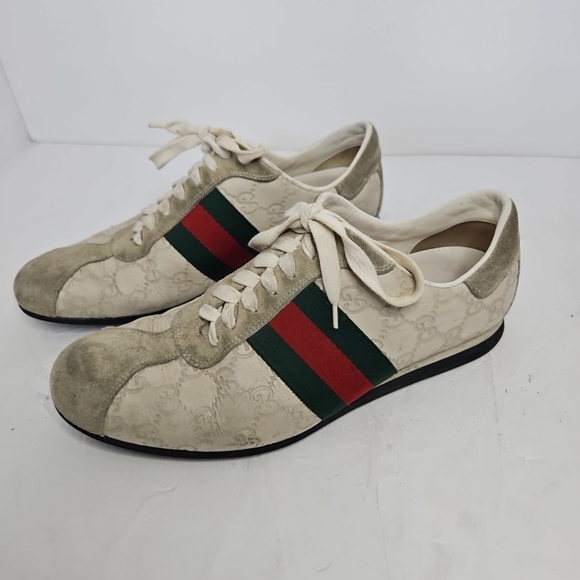 Gucci Cream Suede And Leather Web Low Top Sneakers Size 7.5 US - Picture 1 of 11